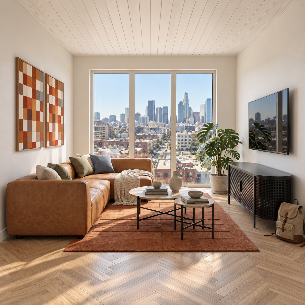A furnished residence hall lounge with city views