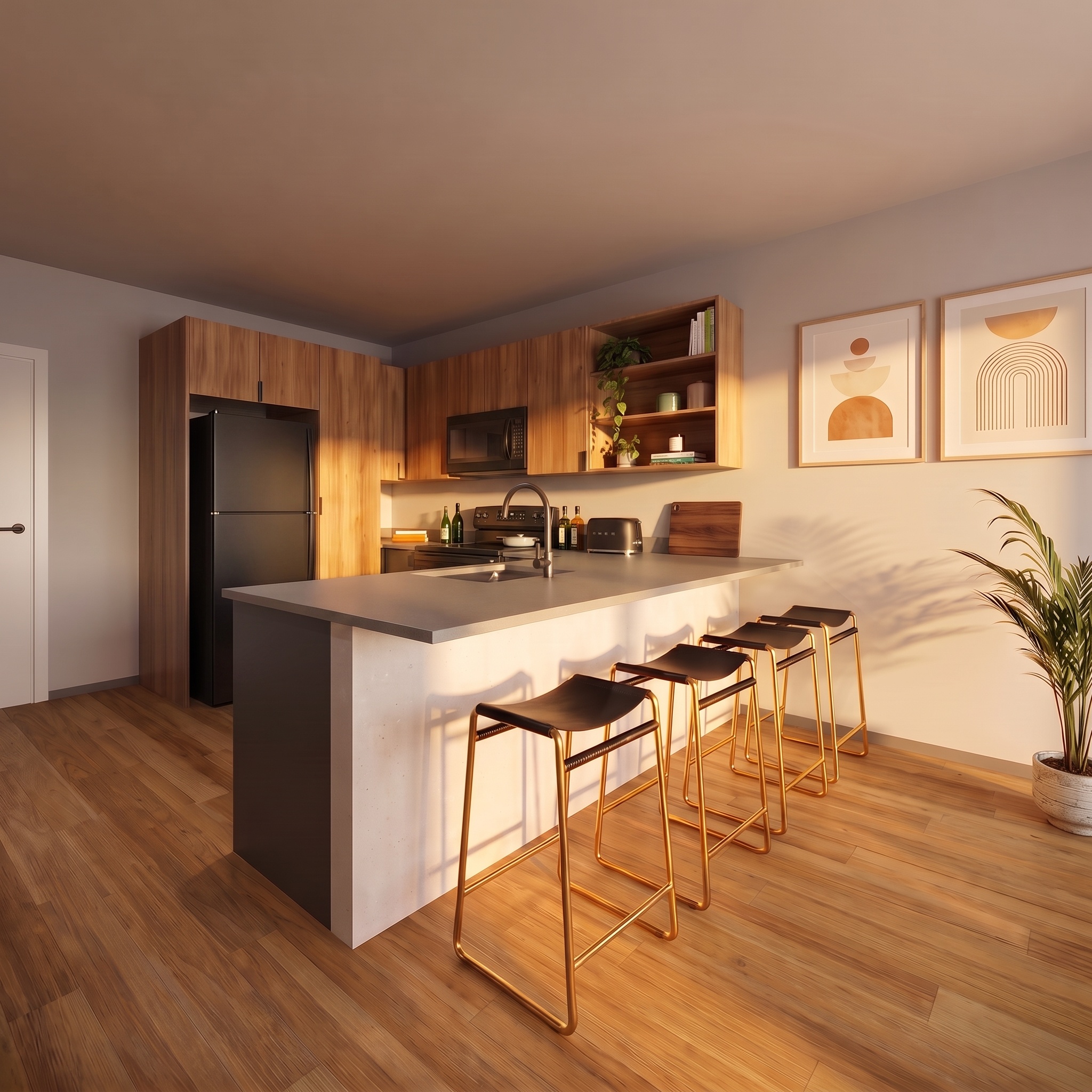 A warm, furnished apartment kitchen