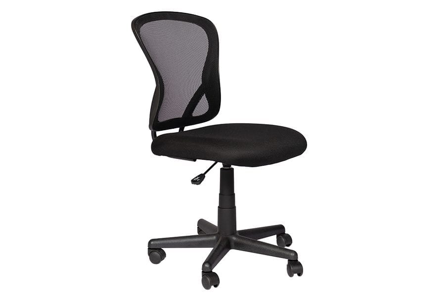 Armless task chair with black mesh back and upholstered seat.
