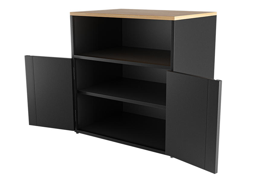 Interior of GSA Metal Series Entertainment Center with laminate top in Natural.